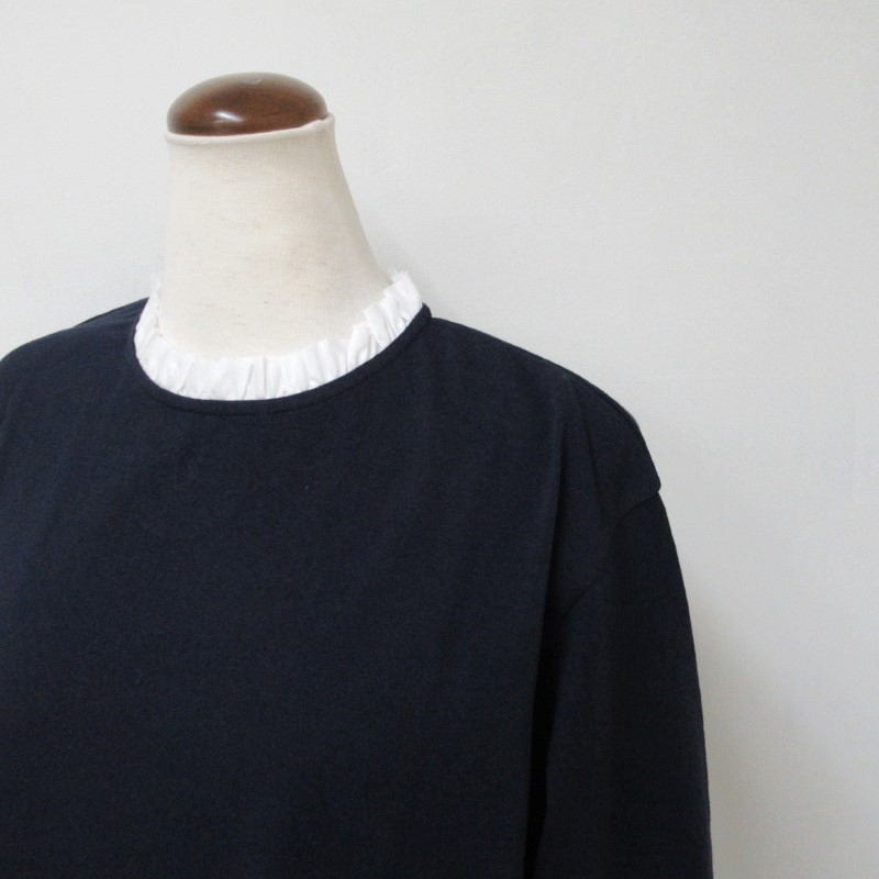 NOUVELLES DU PARADIS ドライコットン天 竺衿フリル長袖プルオーバー /Navy79 【日本製】